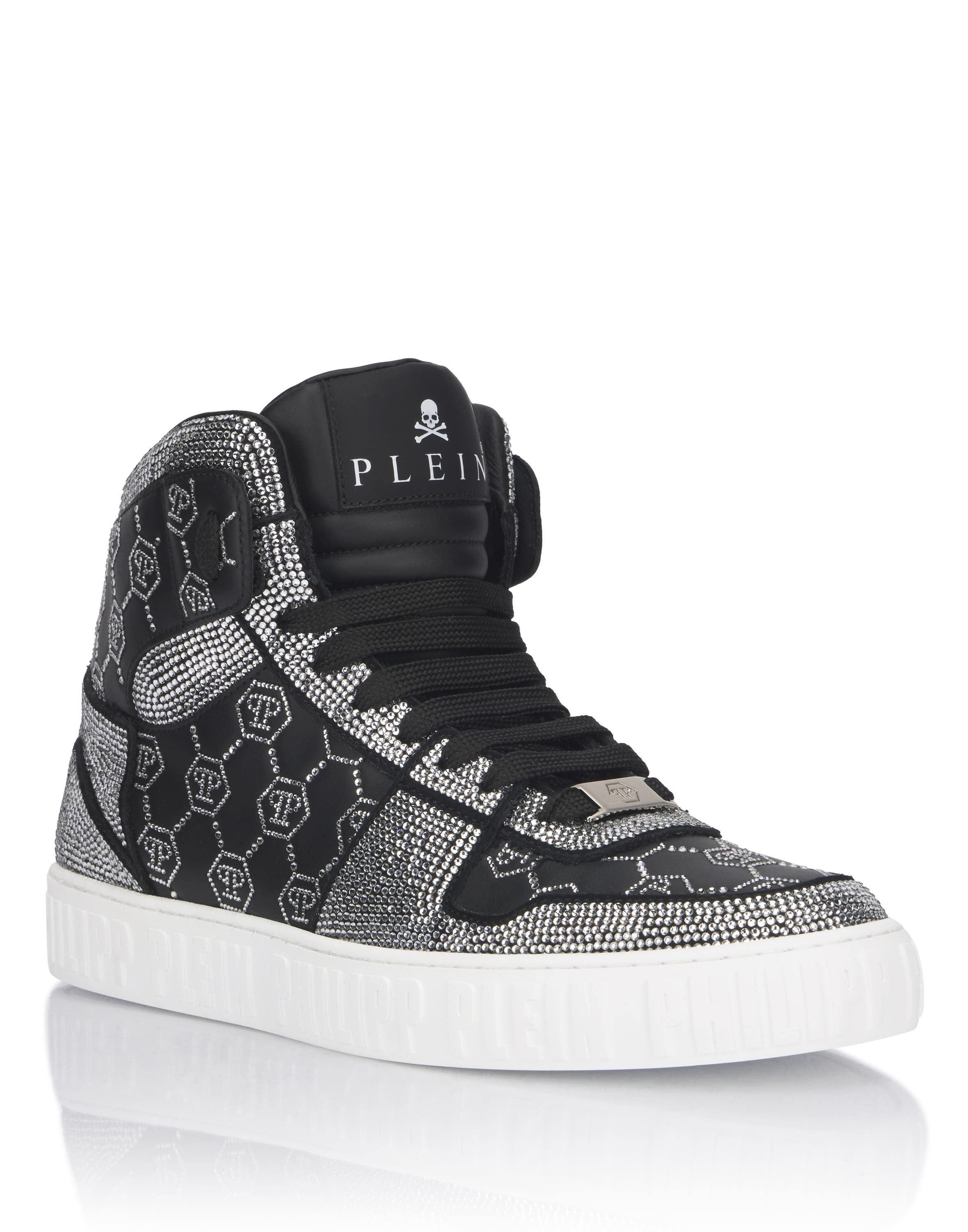 Philipp Plein High Top Sneakers Carson Monogram Strass Unisex In Black