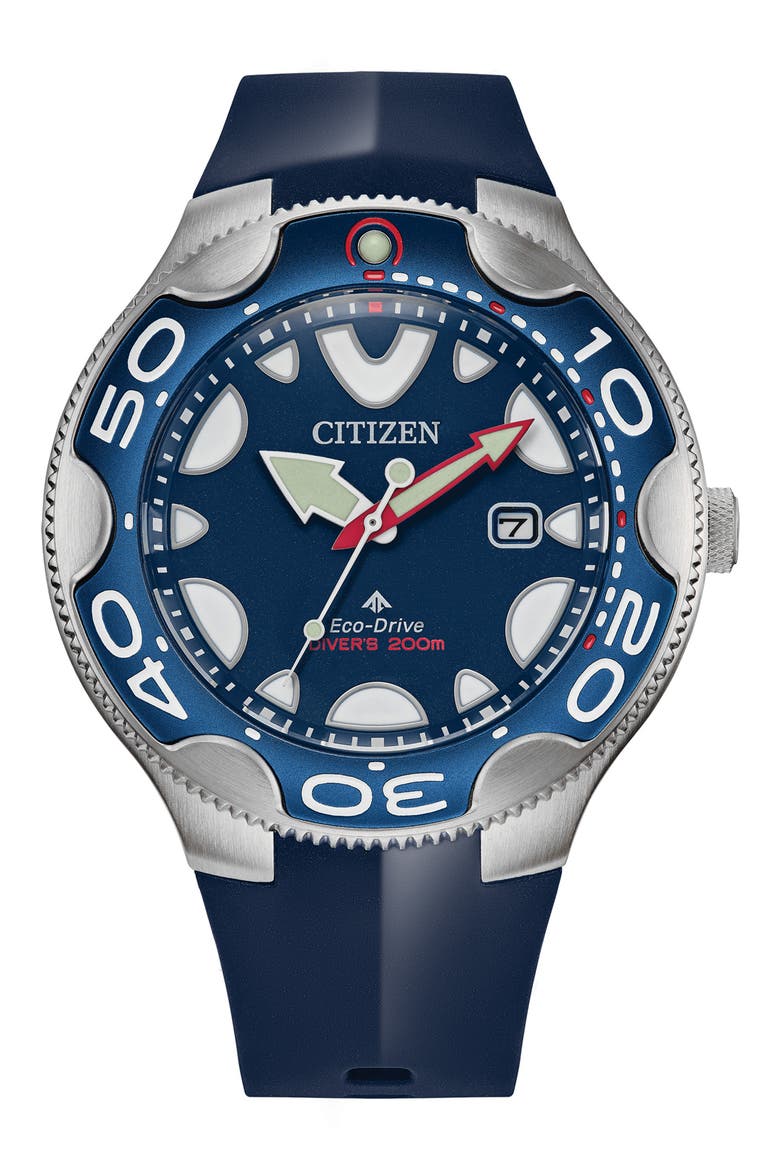 Promaster Dive Faux Leather Strap Watch, 46mm, Main, color, BLUE