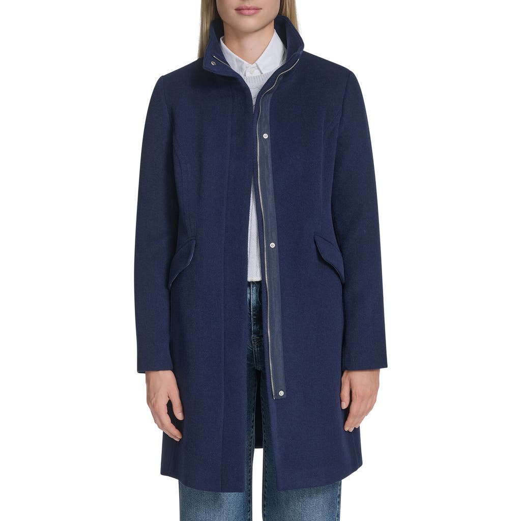 Cole Haan Longline Wool Blend Coat In Blue