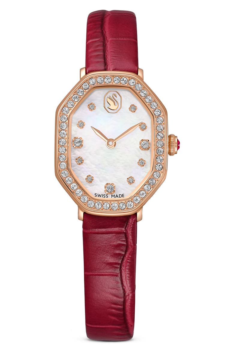 Dextera Mother-of-Pearl Leather Strap Watch, 32mm x 23mm, Main, color, RED