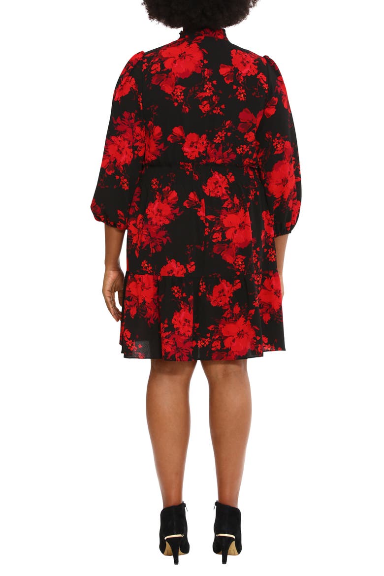 Floral Long Sleeve Tiered Dress, Alternate, color, BLACK/ WINE