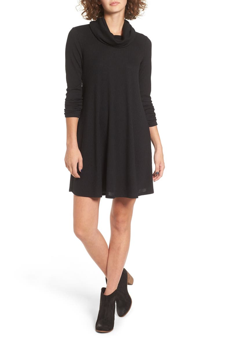 Maddie Rib Knit Cowl Shift Dress, Main, color, SOLID BLACK
