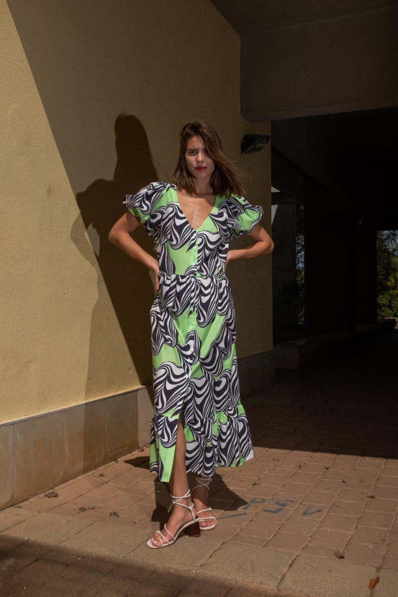 Caleo Printed Puffed-Sleeve Midi Dress, Alternate, color, Diemta