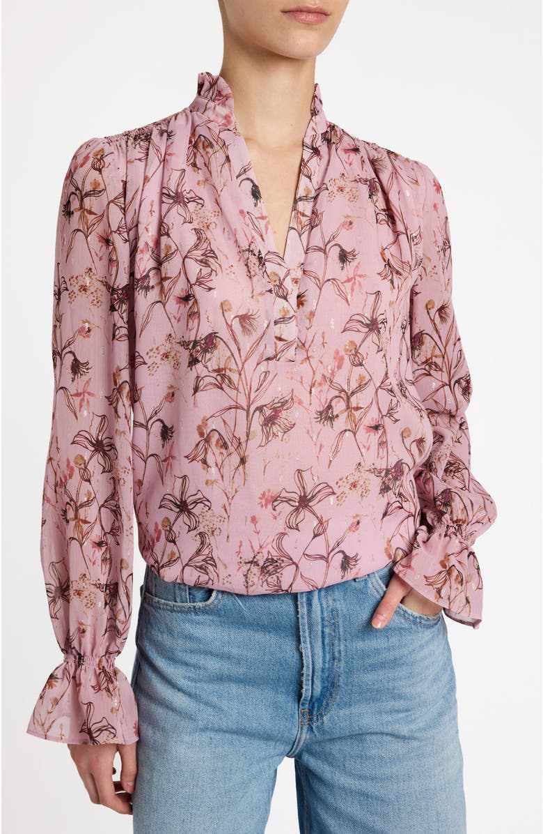 Santorelli Chelsea Long Sleeve Ruffle Neck Blouse in Printed Georgette, Main, color, Sweet Pink