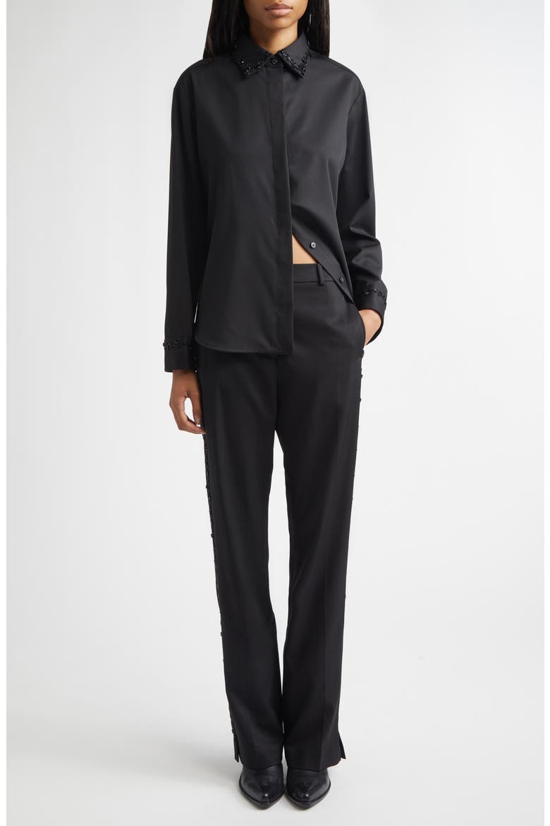Journey Floral Beaded Virgin Wool Twill Button-Up Shirt, Alternate, color, BLACK