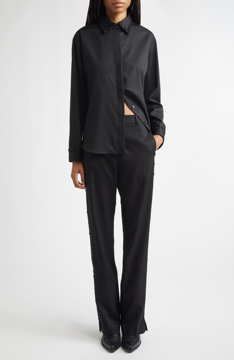 Golden Goose Journey Floral Beaded Virgin Wool Twill Button-Up Shirt, Alternate, color, Black