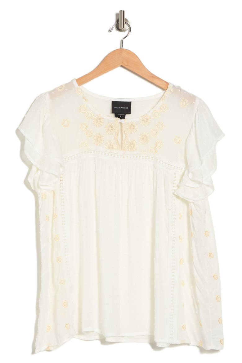 Flutter Sleeve Embroidered Swiss Dot Blouse, Alternate, color, WHITE