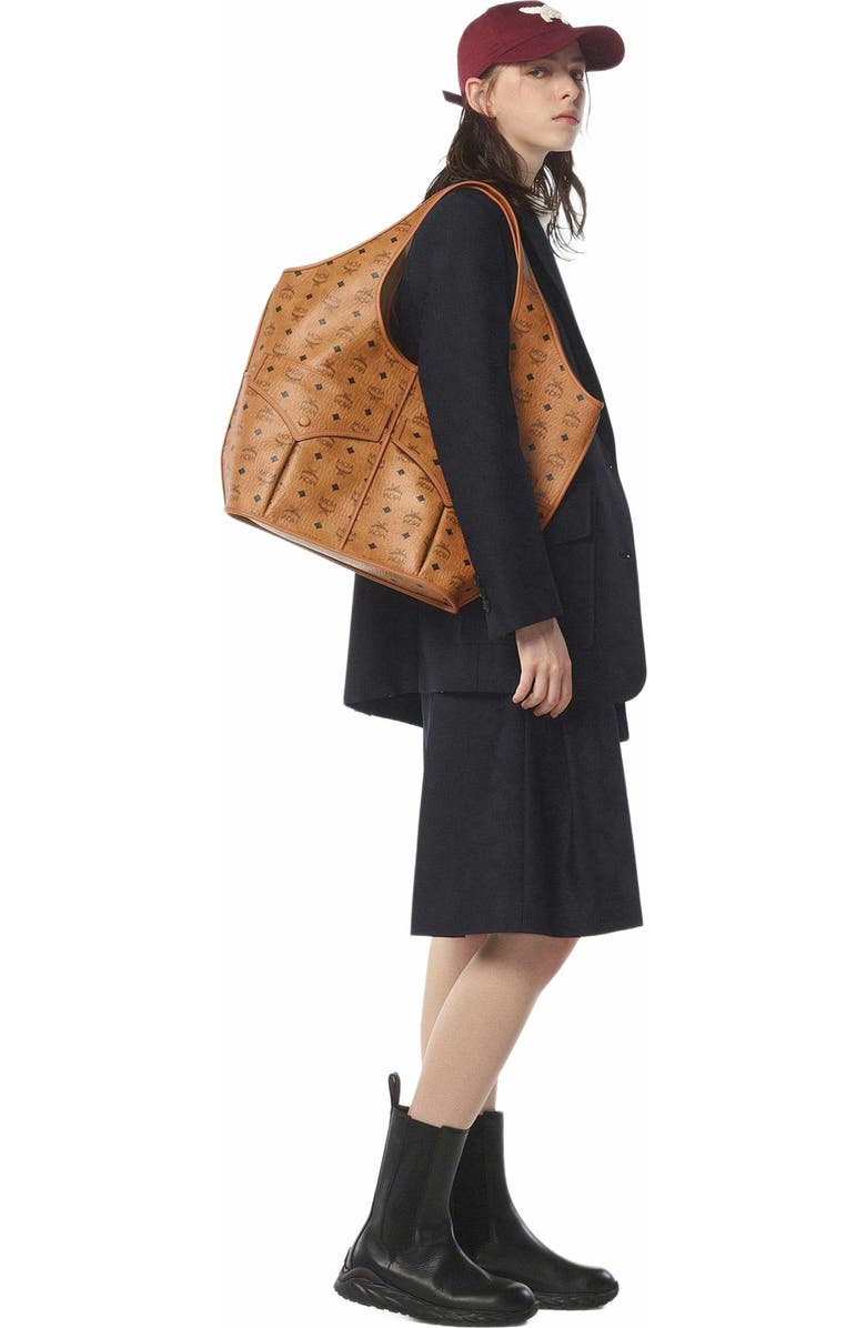 MCM Leni Shopper in Visetos, Alternate, color, Cognac