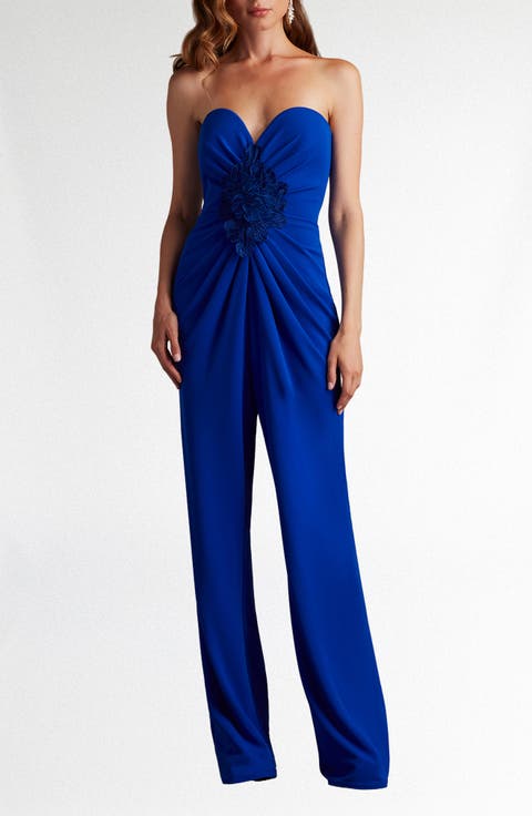 Embroidered Flower Detail Strapless Jumpsuit