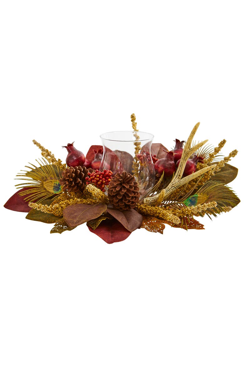 Magnolia, Berry, Antler and Peacock Feather Artificial Candelabrum Arrangement, Main, color, Assorted