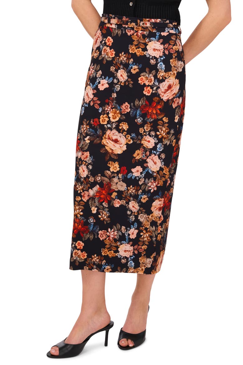 Floral Belted Midi Skirt, Main, color, RICH BLACK