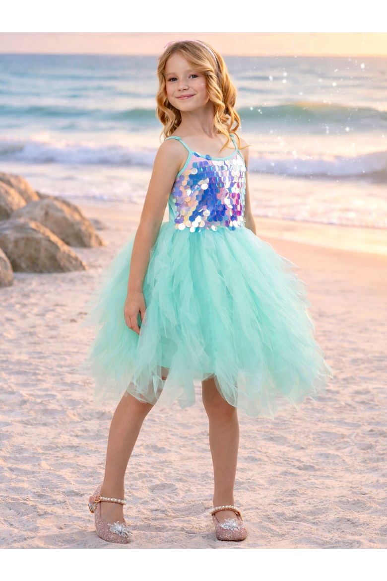 Iridescent Aqua Mermaid Sequin Party Dress, Alternate, color, Blue-Green