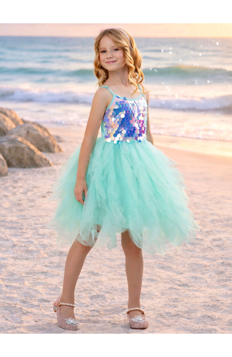 Mia Belle Girls Iridescent Aqua Mermaid Sequin Party Dress, Alternate, color, Blue-Green