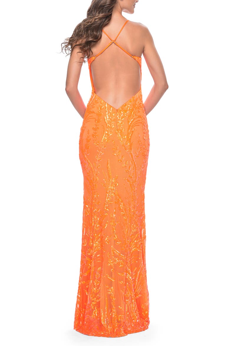 Neon Fitted Print Sequin Pastel Prom Dress, Alternate, color, Orange