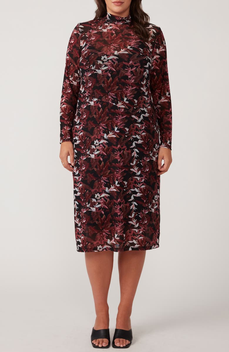 Estelle Reflection Leaves Long Sleeve Mesh Midi Dress, Main, color, Black/ Rose