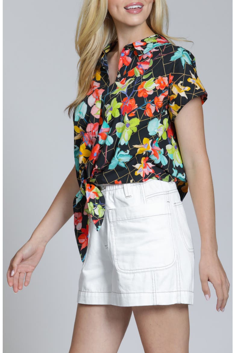 Print Tie Waist Cotton Camp Shirt, Alternate, color, TURQUOISE MULTI