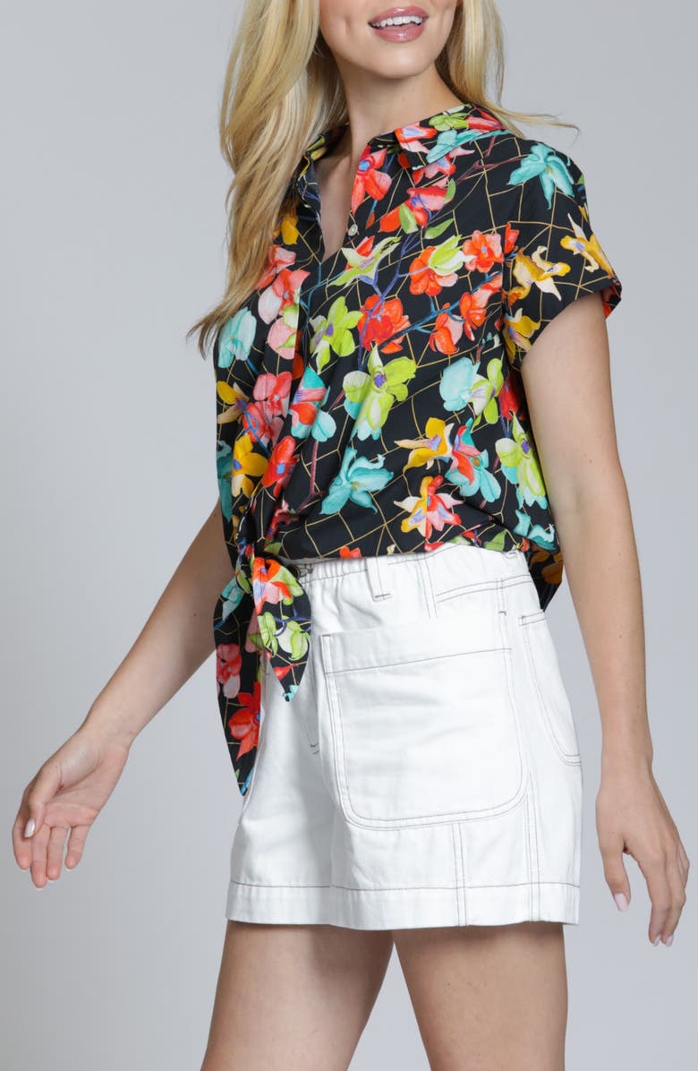 APNY Print Tie Waist Cotton Camp Shirt, Alternate, color, Turquoise Multi