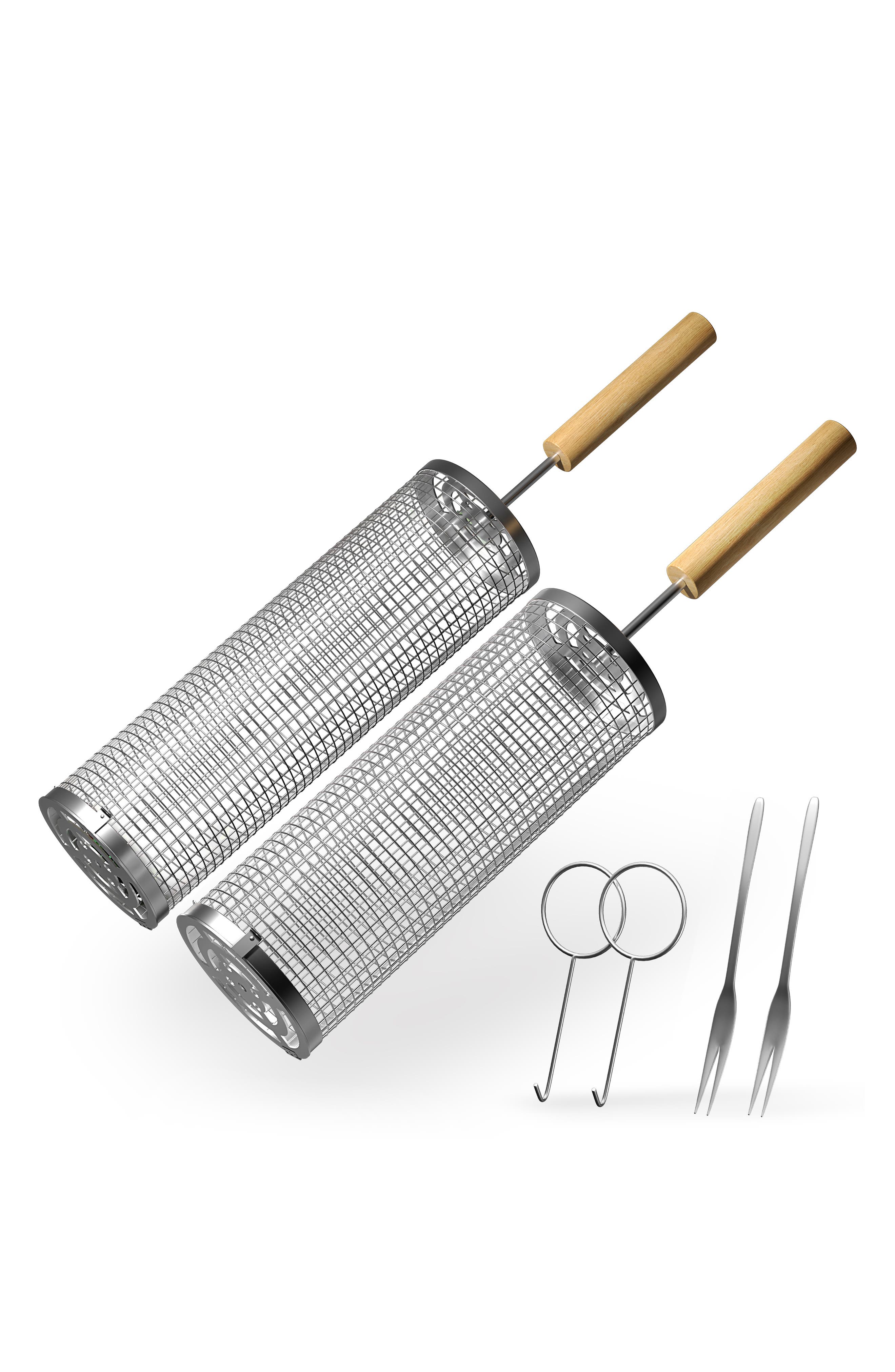 Set of 2 Stainless Steel Rolling Grill Baskets
