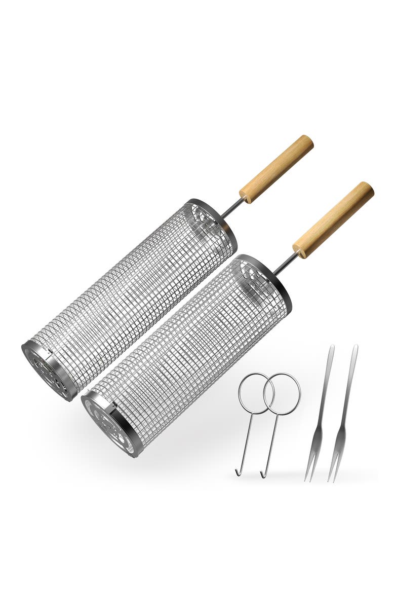 Set of 2 Stainless Steel Rolling Grill Baskets, Main, color, SILVER