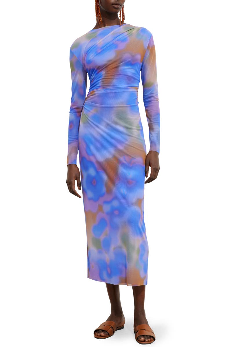 & Other Stories Abstract Print Long Sleeve Mesh Dress, Main, color, Brown Medium Dusty