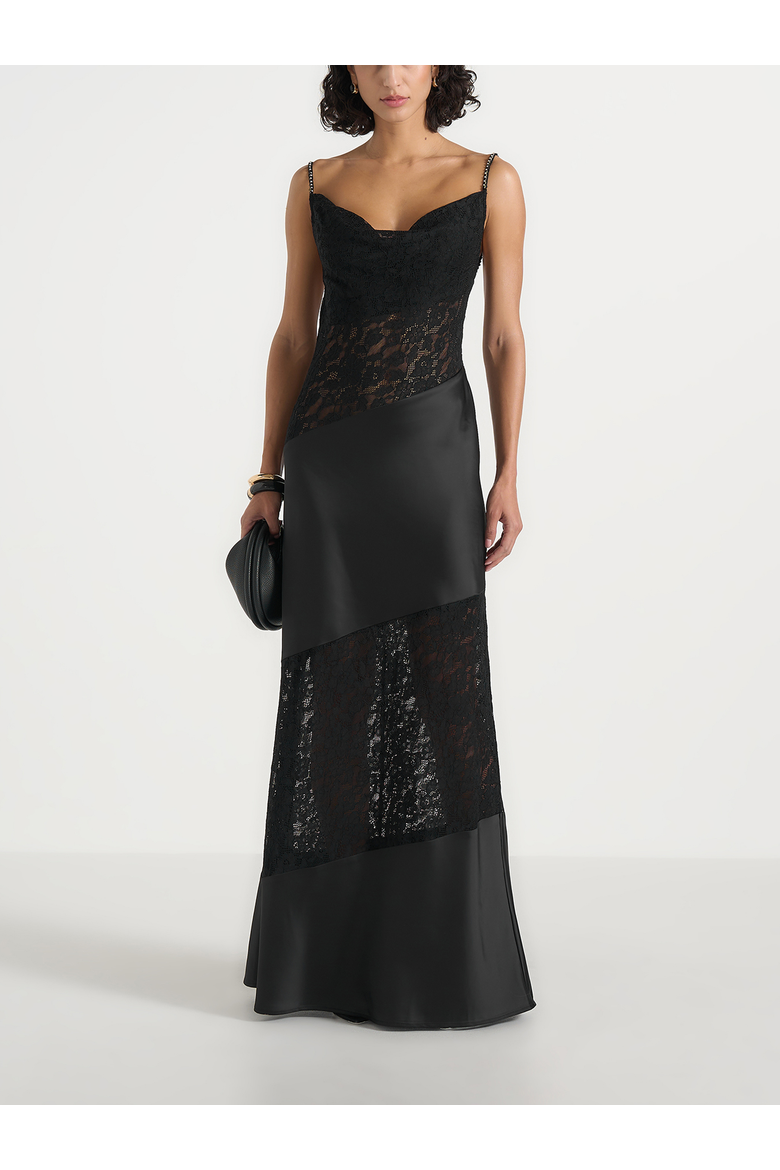 Naya Asymmetric Lace Maxi Dress, Main, color, Black