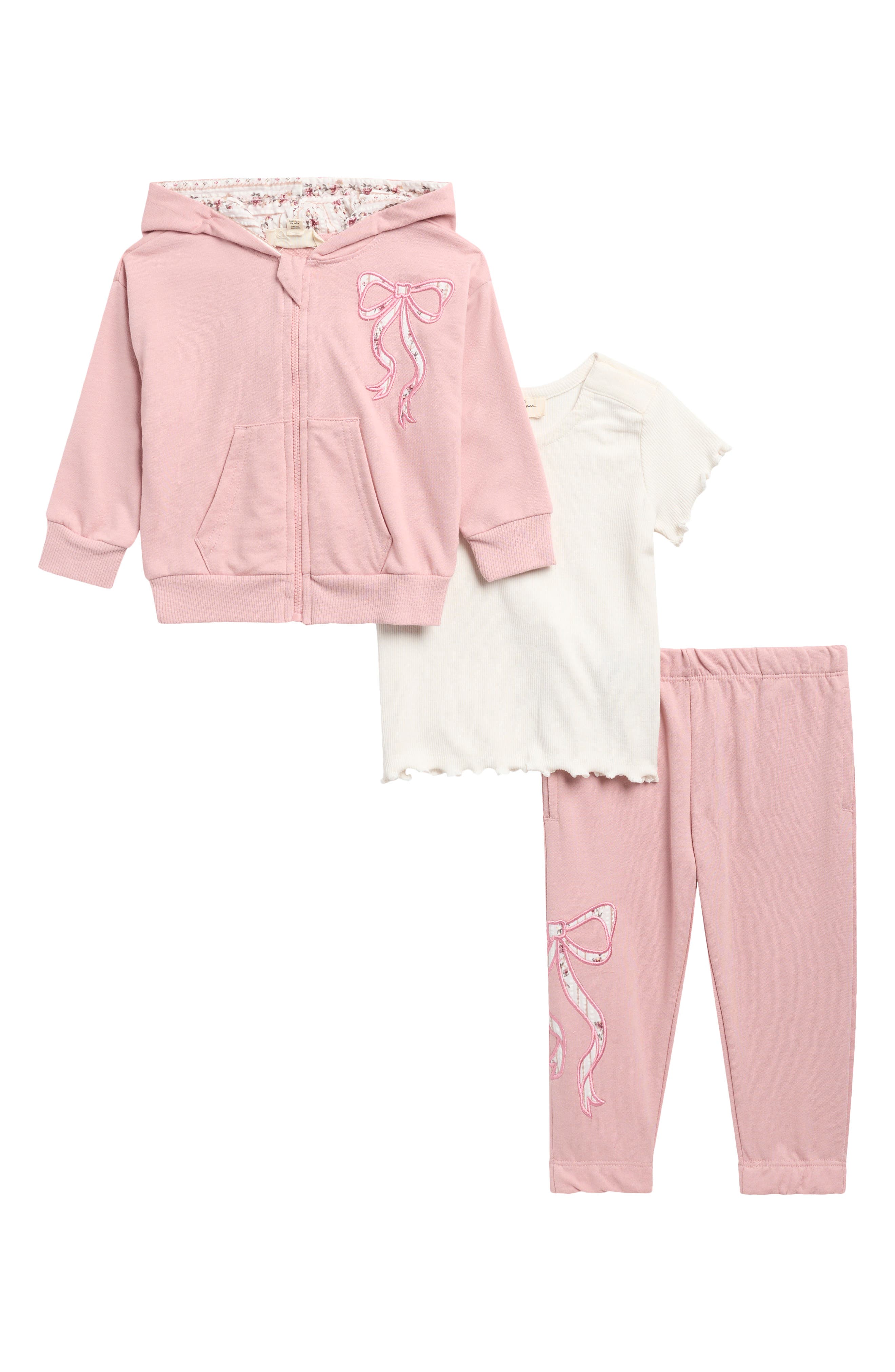 Bow Appliqué Hoodie, Ribbed Top & Pants Set