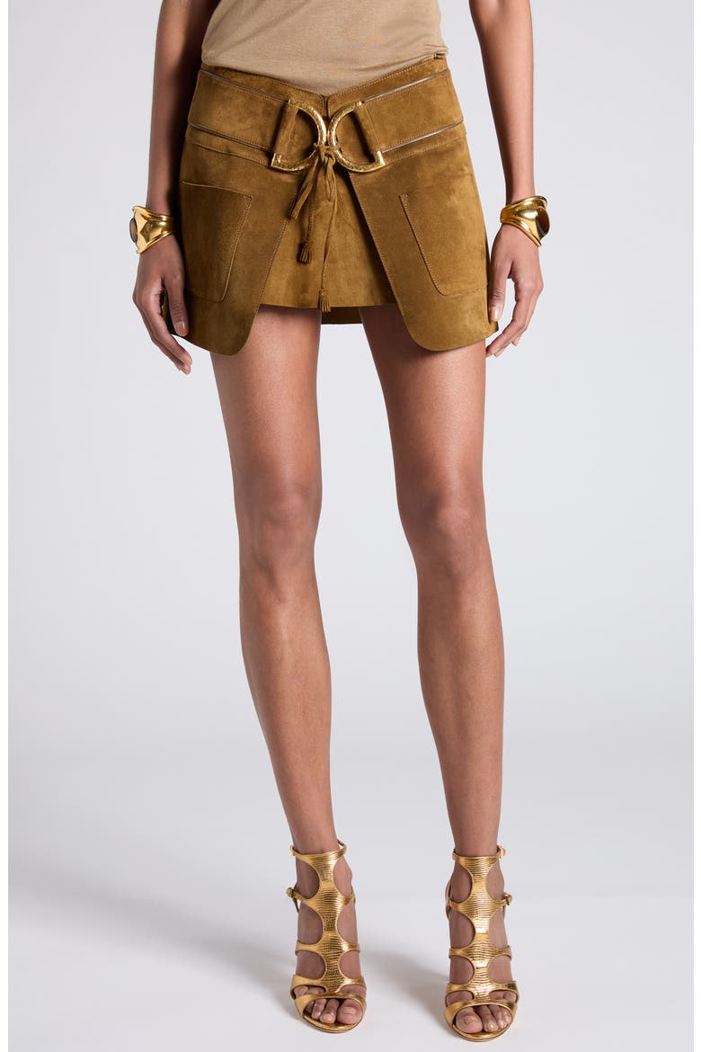 Inverted Pleat Suede Miniskirt, Main, color, DARK CHARTREUSE