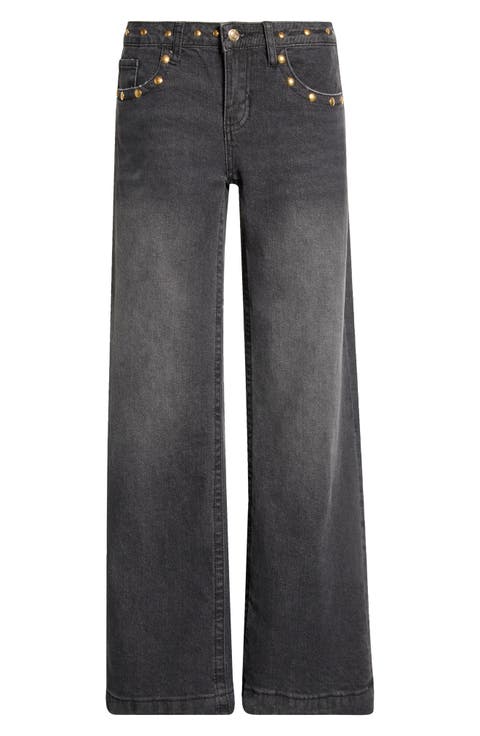 Frida Star Studded Low Rise Wide Leg Jeans
