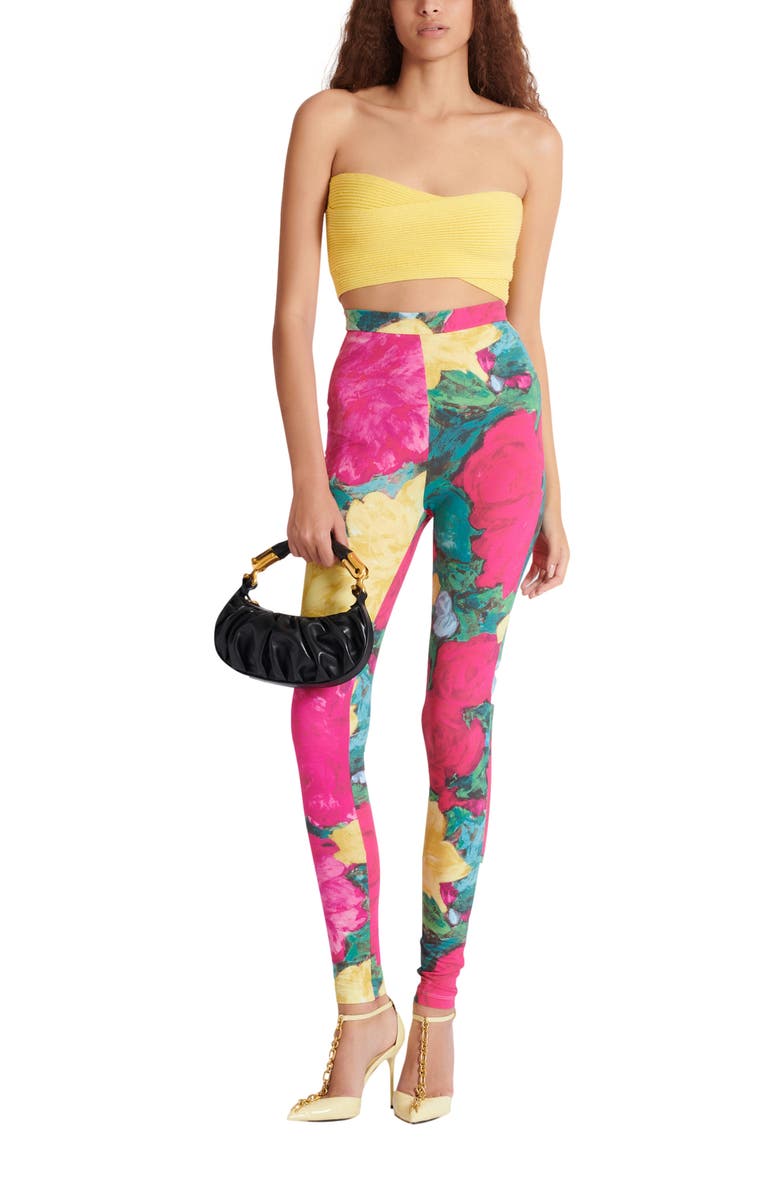 Balmain Jersey leggings with roses print, Alternate, color, Multicolor