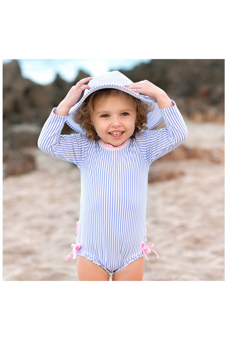 Seersucker One-Piece Rashguard Swimsuit & Hat Set, Alternate, color, BLUE