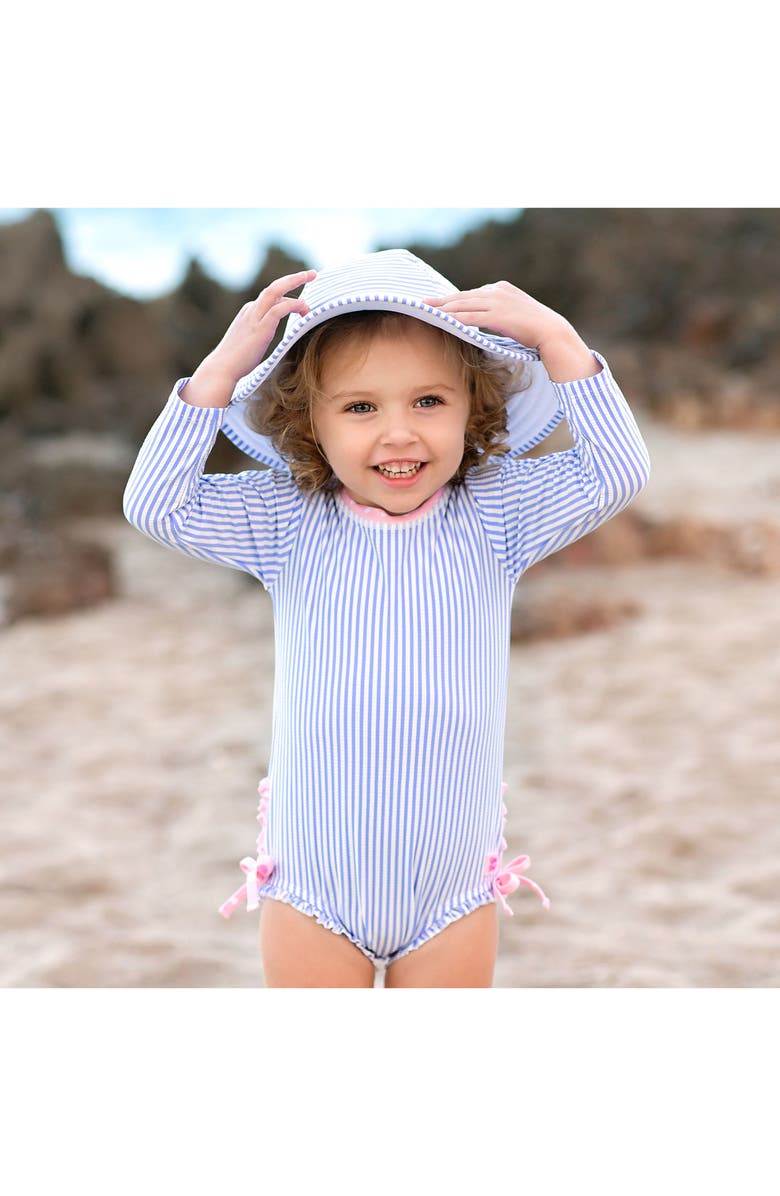 RuffleButts Seersucker One-Piece Rashguard Swimsuit & Hat Set, Alternate, color,