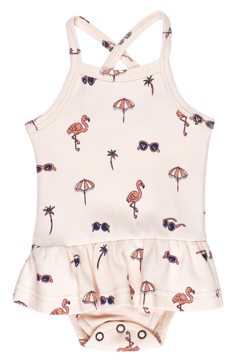 L'ovedbaby Flamingo Print Organic Cotton Skirted Bodysuit, Main, color,