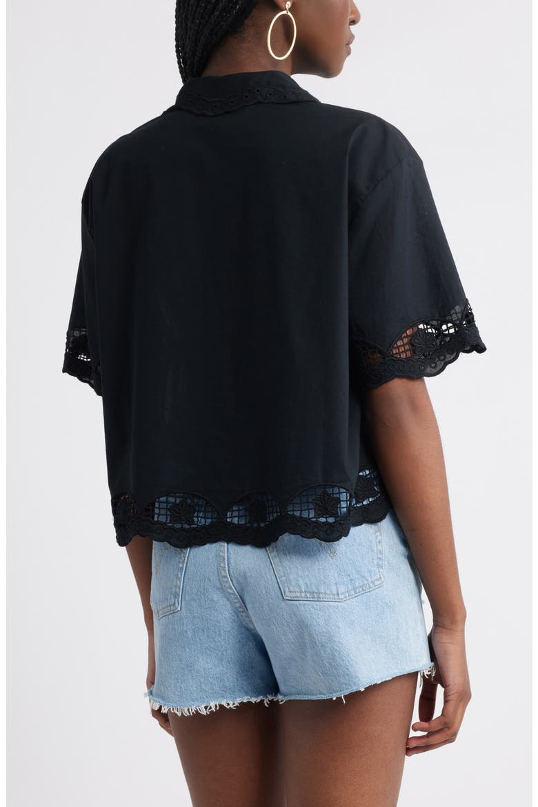 Embroidered Cutwork Cotton Camp Shirt, Alternate, color, BLACK