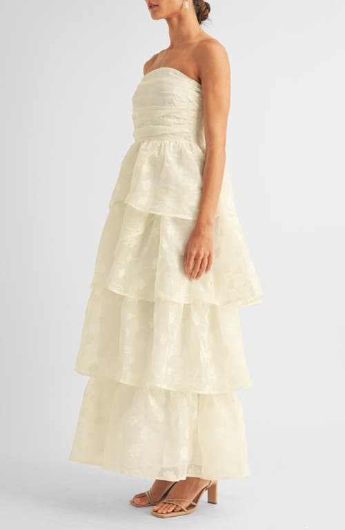 Arose Studio Milan Floral Jaquard Strapless Tiered Gown In White