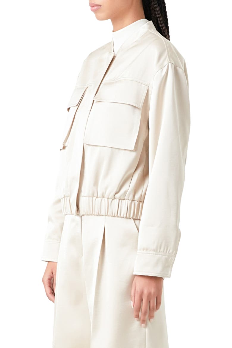 Cargo Pocket Satin Bomber Jacket, Alternate, color, CREAM