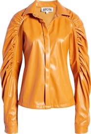 Amy Lynn Ruched Puff Sleeve Faux Leather Shirt