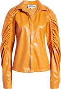 Amy Lynn Ruched Puff Sleeve Faux Leather Shirt