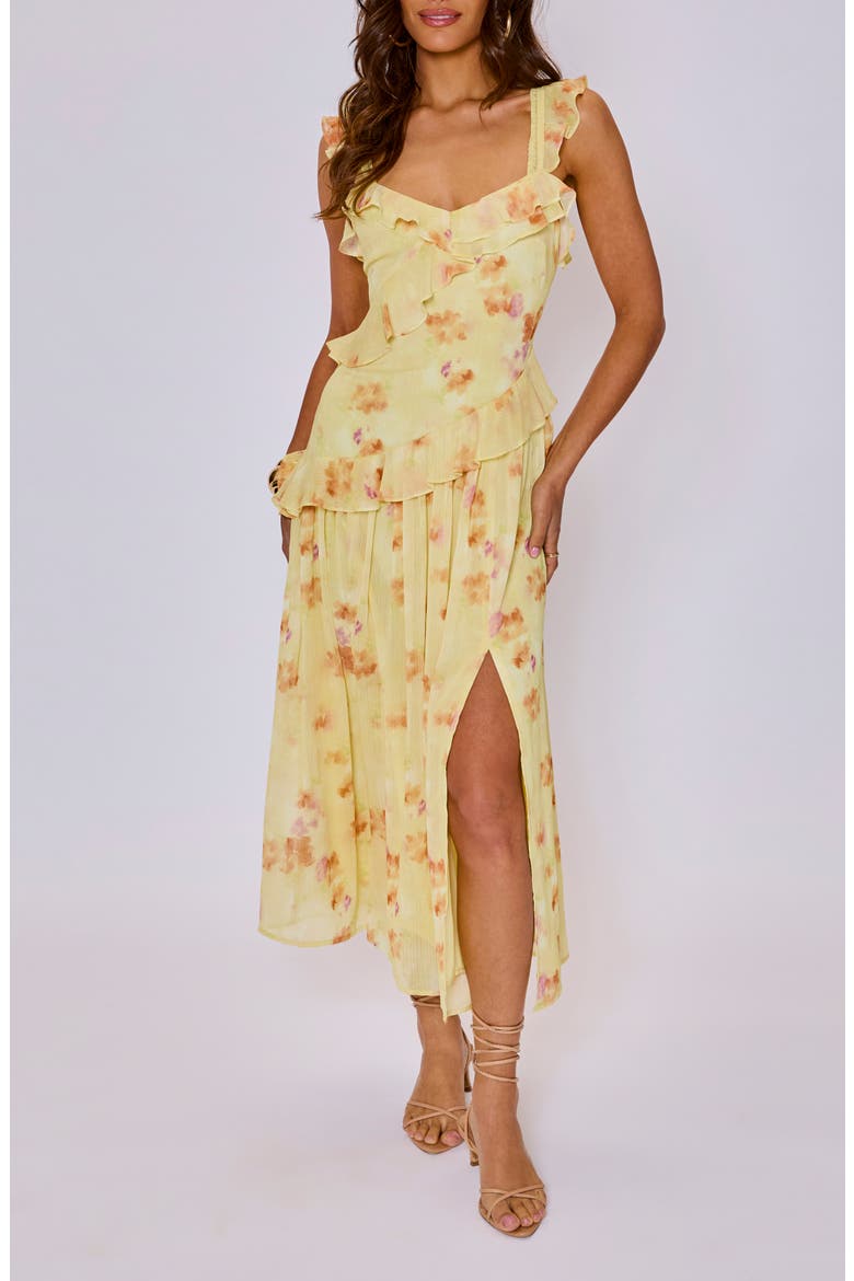Esme Floral Ruffle Detail Midi Dress, Main, color, YELLOW MULTI