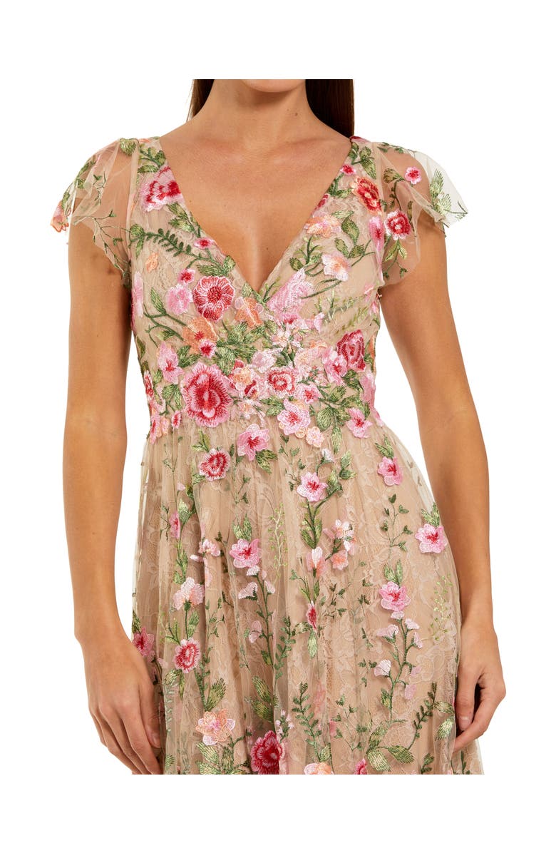 Mac Duggal Embroidered Cap Sleeve V Neck Ankle Dress, Alternate, color, Nude Multi