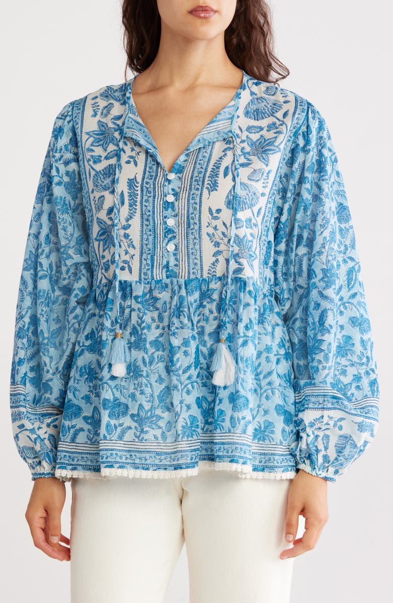 CHELSEA AND THEODORE Tie Neck Long Sleeve Cotton Babydoll Top, Main, color,