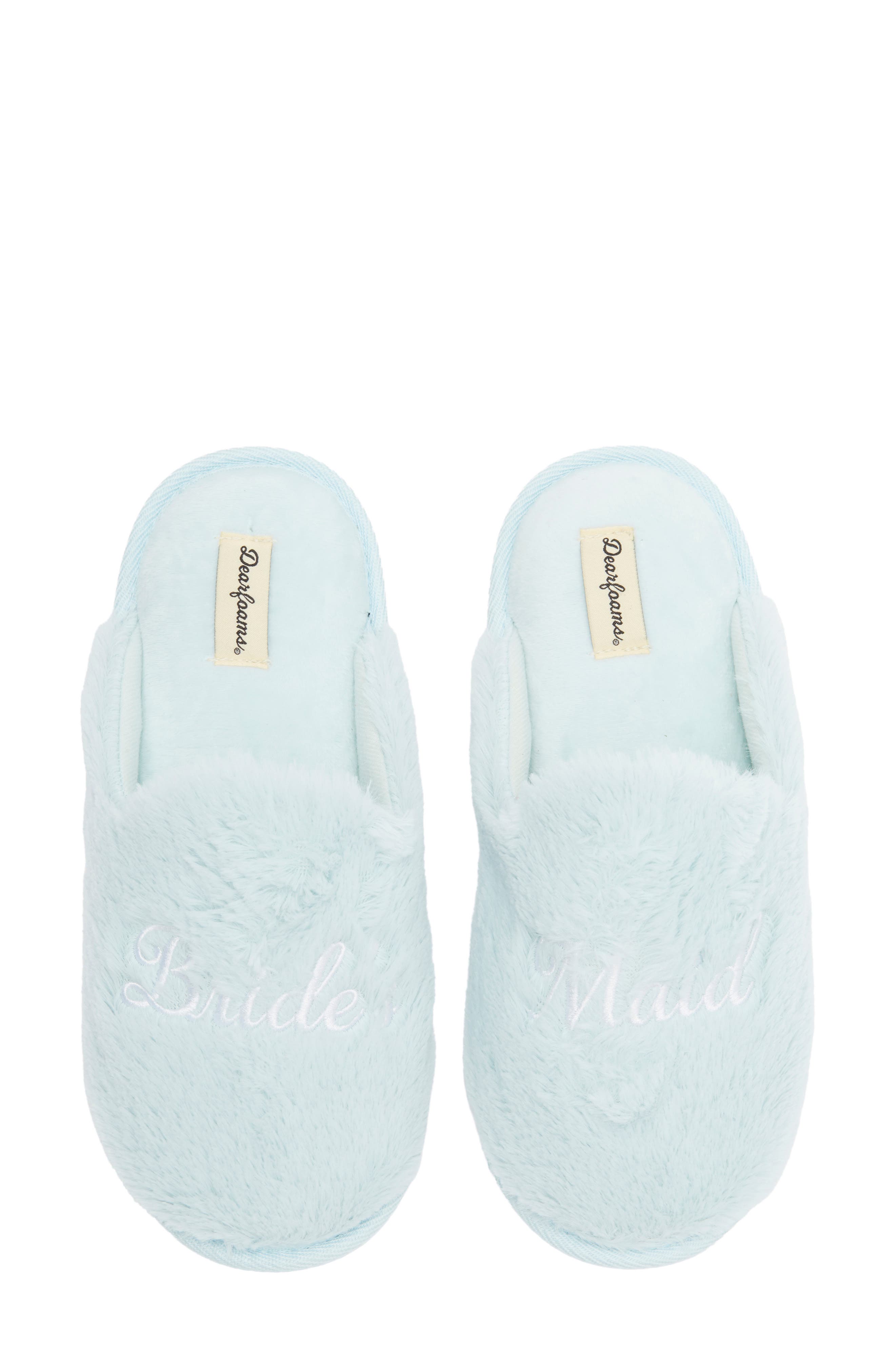 Dearfoams Faux Fur Slipper, Alternate, color, Blue Wash/Bridesmaid