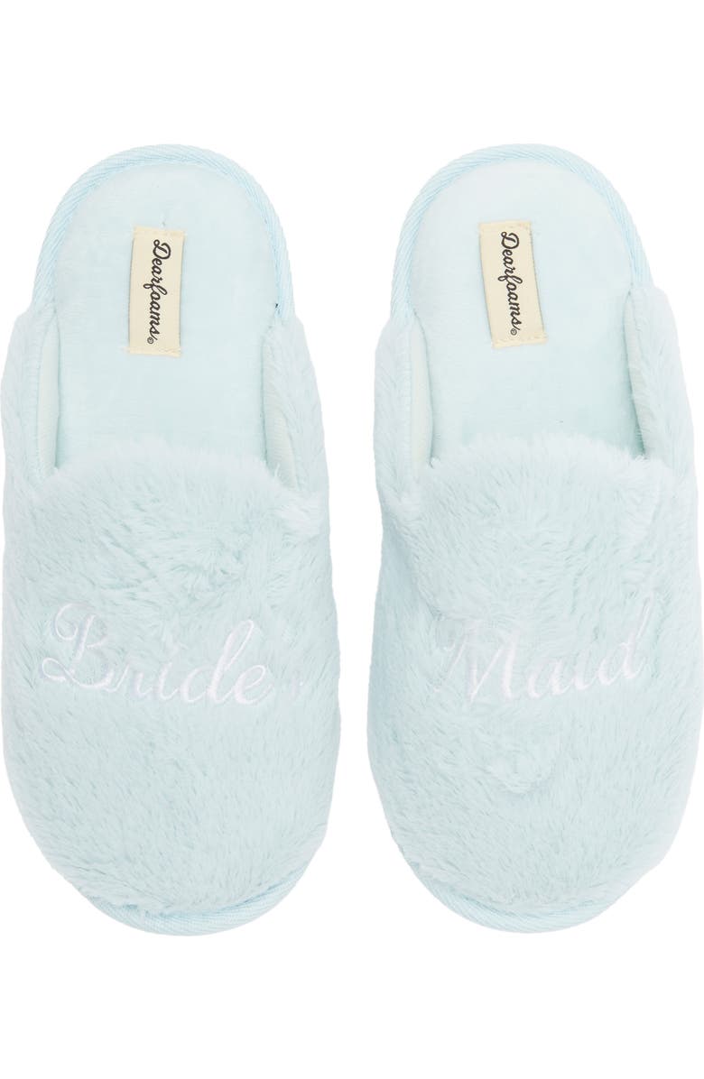 Dearfoams Faux Fur Slipper, Alternate, color, Blue Wash/Bridesmaid