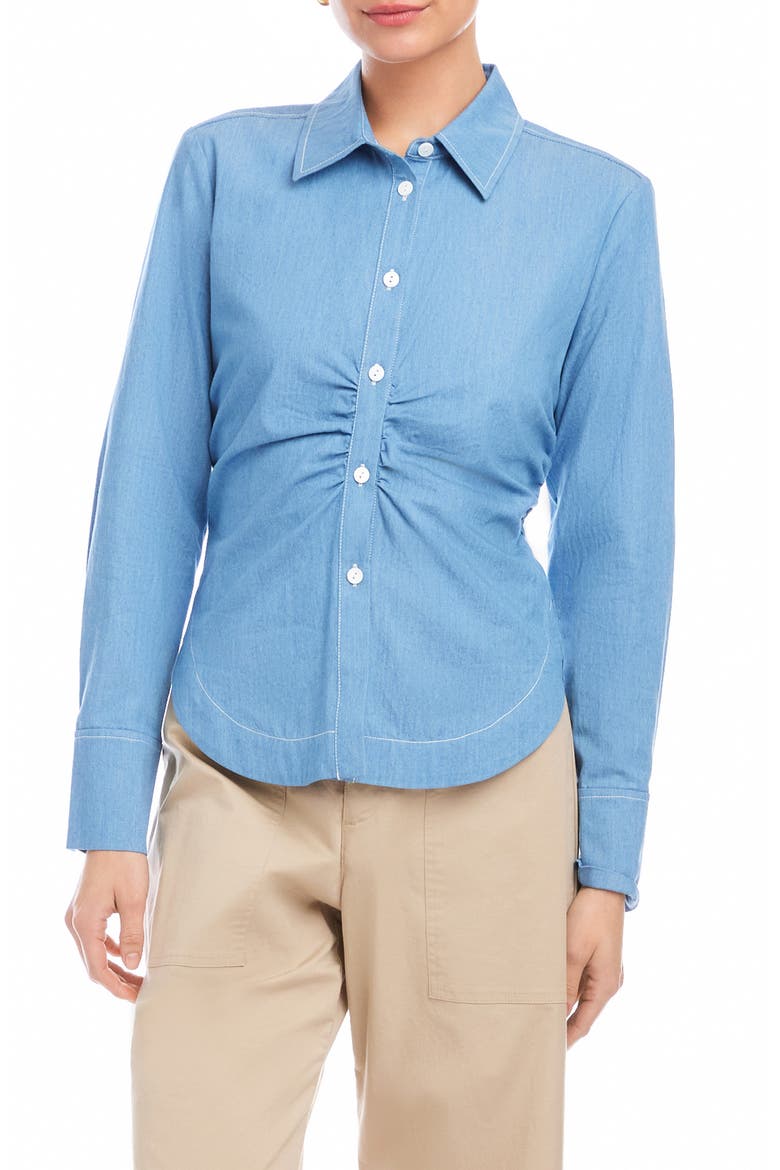 Norlyn Gathered Button-Up Chambray Shirt, Main, color, CHAMBRAY