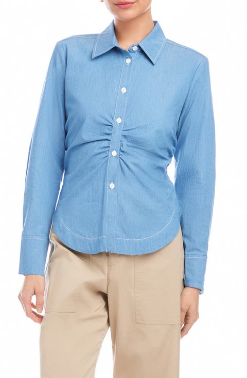 Norlyn Gathered Button-Up Chambray Shirt
