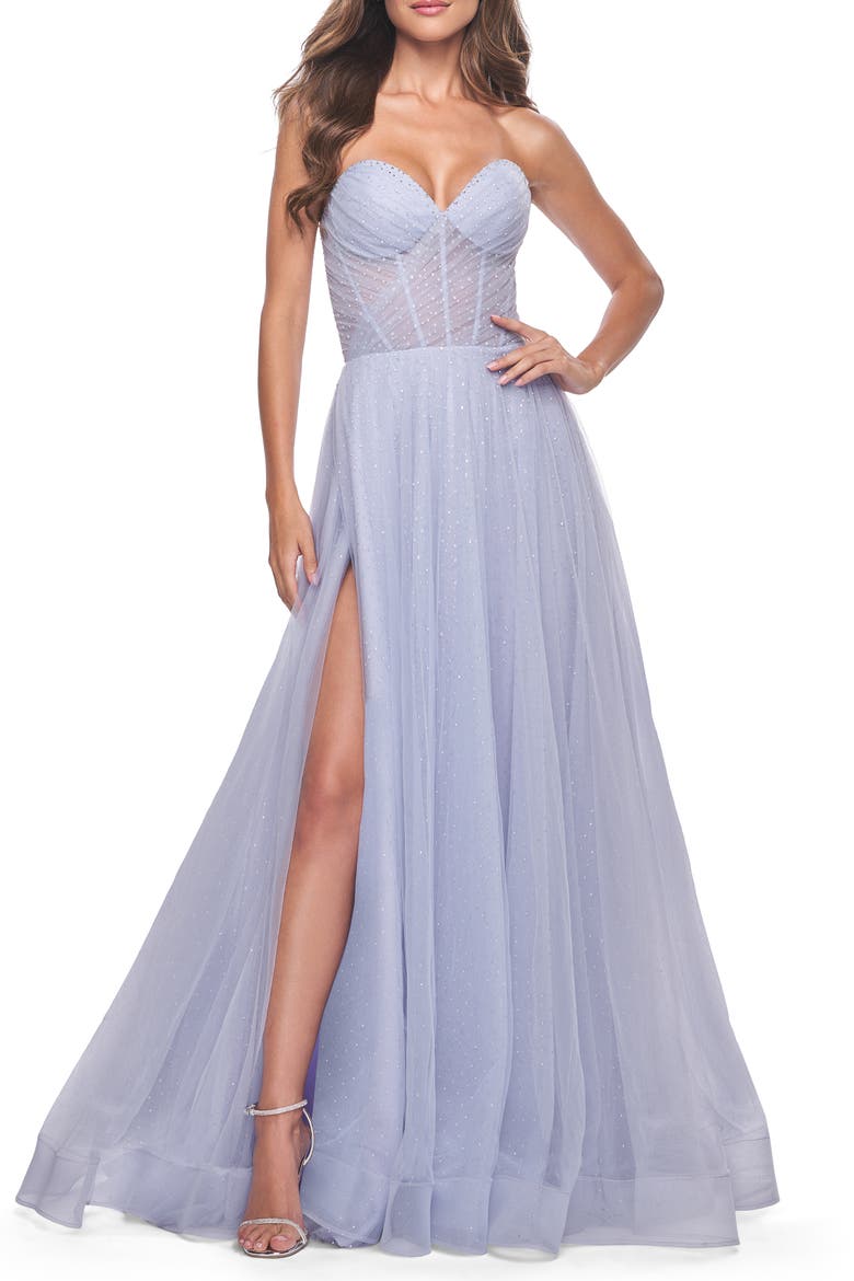Sweetheart Tulle and Rhinestone Prom Dress with Illusion Detail, Alternate, color, Light Periwinkle