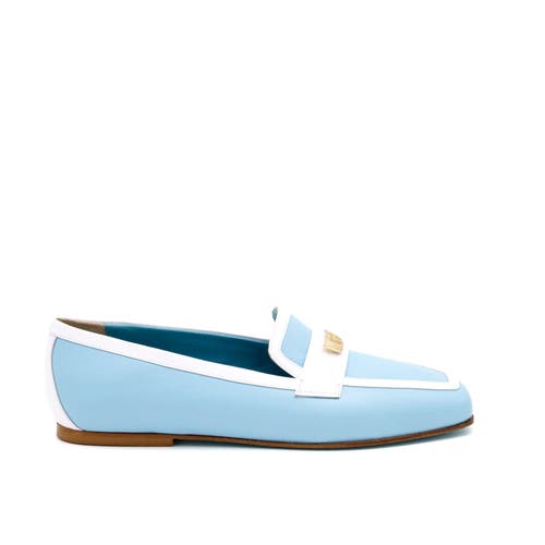 Valentina Rangoni Briseide Flat Loafer With Logo Bit In Lt Jeans/white Parm