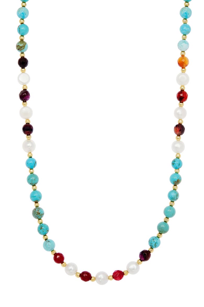 Turquoise and Imitation Pearl Bead Necklace, Main, color, YELLOW GOLD