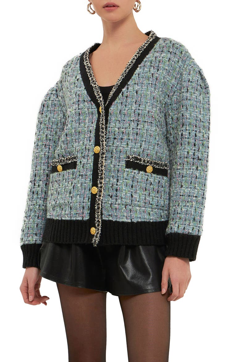 Premium Bouclé Wool Blend Cardigan, Alternate, color, BLUE