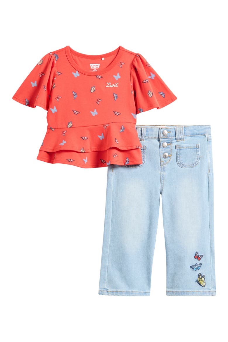 Butterfly Peplum Top & Wide Leg Pants Set, Main, color, POPPY RED