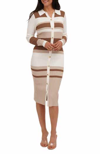 Stripe Long Sleeve Button Front Ribbed Midi Dress